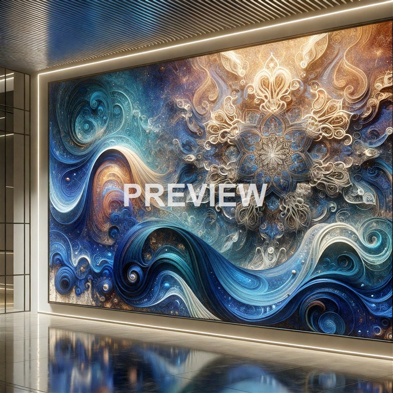 The image features a large, illuminated abstract digital art piece on a wall, with swirling patterns in shades of blue, gold, and white, resembling a cosmic or fractal design.